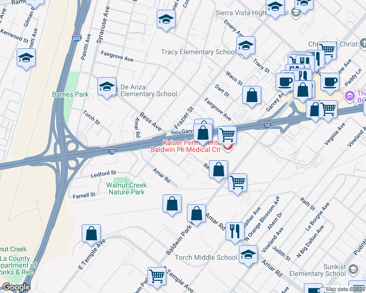 map of restaurants, bars, coffee shops, grocery stores, and more near 13021 Garvey Avenue in Baldwin Park
