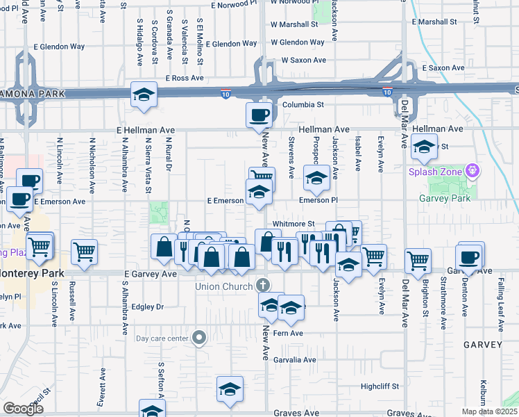 map of restaurants, bars, coffee shops, grocery stores, and more near 407 New Avenue in Monterey Park