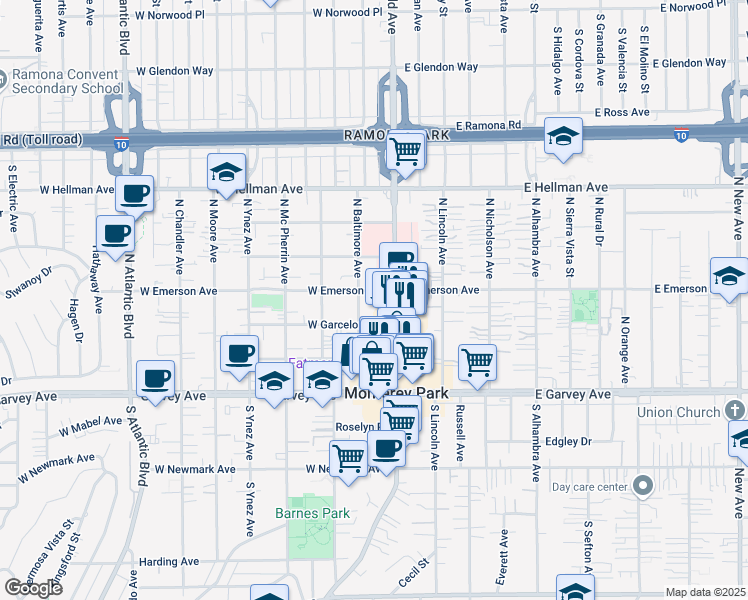 map of restaurants, bars, coffee shops, grocery stores, and more near in Monterey Park