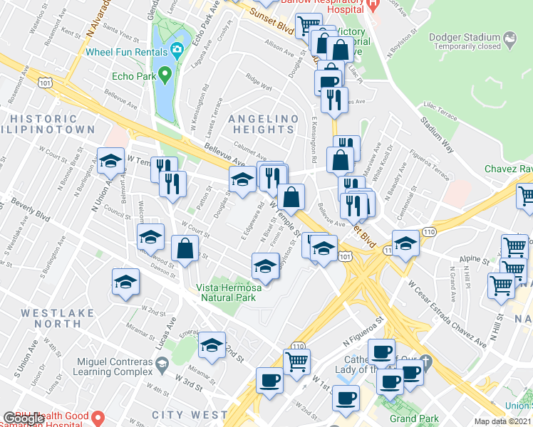 map of restaurants, bars, coffee shops, grocery stores, and more near in Los Angeles