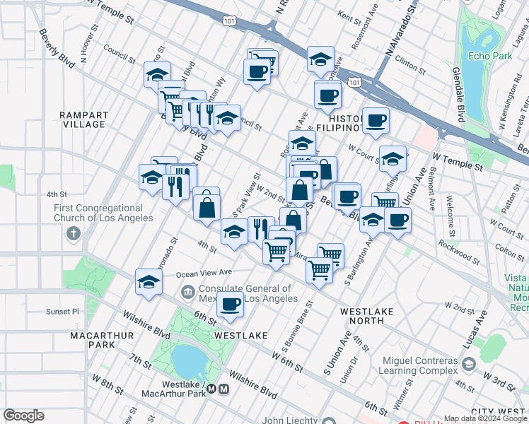 map of restaurants, bars, coffee shops, grocery stores, and more near 217 Crandall Street in Los Angeles