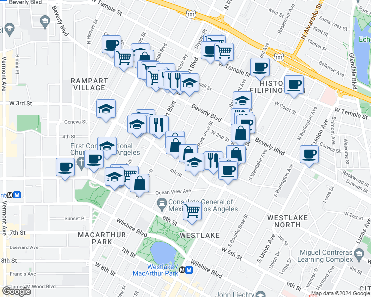 map of restaurants, bars, coffee shops, grocery stores, and more near 243 South Carondelet Street in Los Angeles