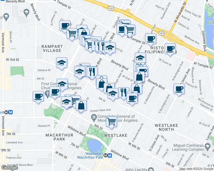 map of restaurants, bars, coffee shops, grocery stores, and more near 247 South Carondelet Street in Los Angeles