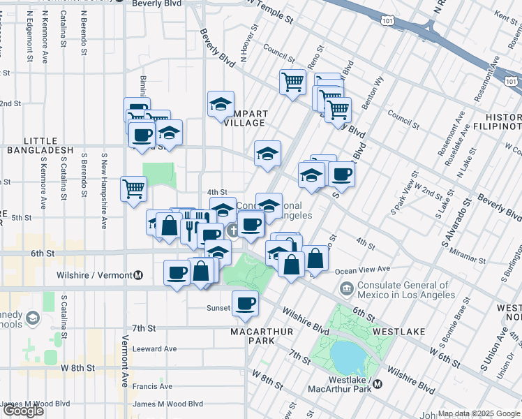 map of restaurants, bars, coffee shops, grocery stores, and more near 400 South Hoover Street in Los Angeles
