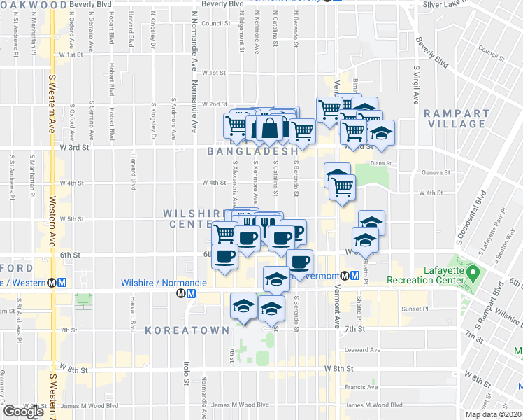 map of restaurants, bars, coffee shops, grocery stores, and more near 425 South Catalina Street in Los Angeles