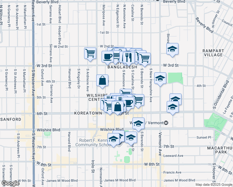 map of restaurants, bars, coffee shops, grocery stores, and more near 420 South Alexandria Avenue in Los Angeles