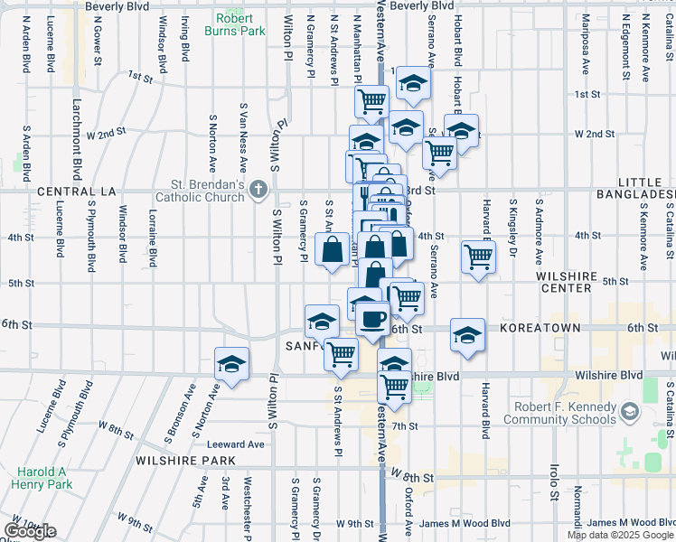 map of restaurants, bars, coffee shops, grocery stores, and more near 420 South Saint Andrews Place in Los Angeles