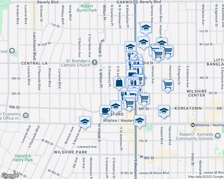 map of restaurants, bars, coffee shops, grocery stores, and more near 420 South Gramercy Place in Los Angeles