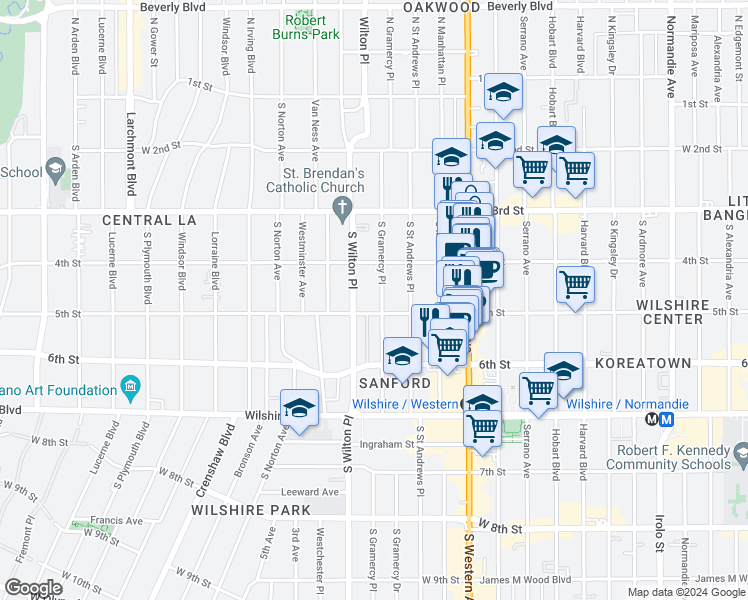 map of restaurants, bars, coffee shops, grocery stores, and more near 420 South Gramercy Place in Los Angeles
