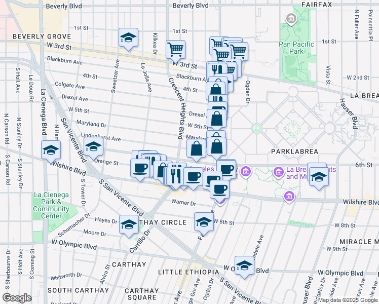 map of restaurants, bars, coffee shops, grocery stores, and more near 6212 Maryland Drive in Los Angeles