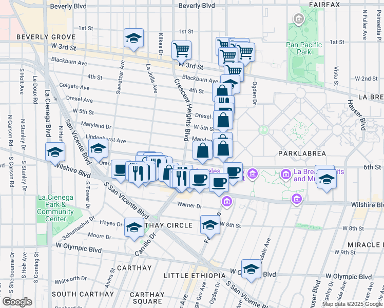 map of restaurants, bars, coffee shops, grocery stores, and more near 6307 Lindenhurst Avenue in West Hollywood