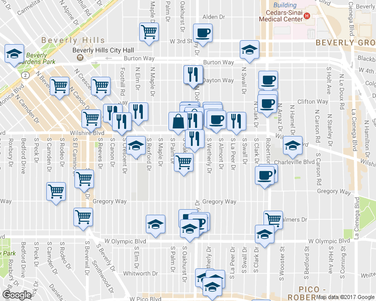 map of restaurants, bars, coffee shops, grocery stores, and more near 64 South Oakhurst Drive in Beverly Hills