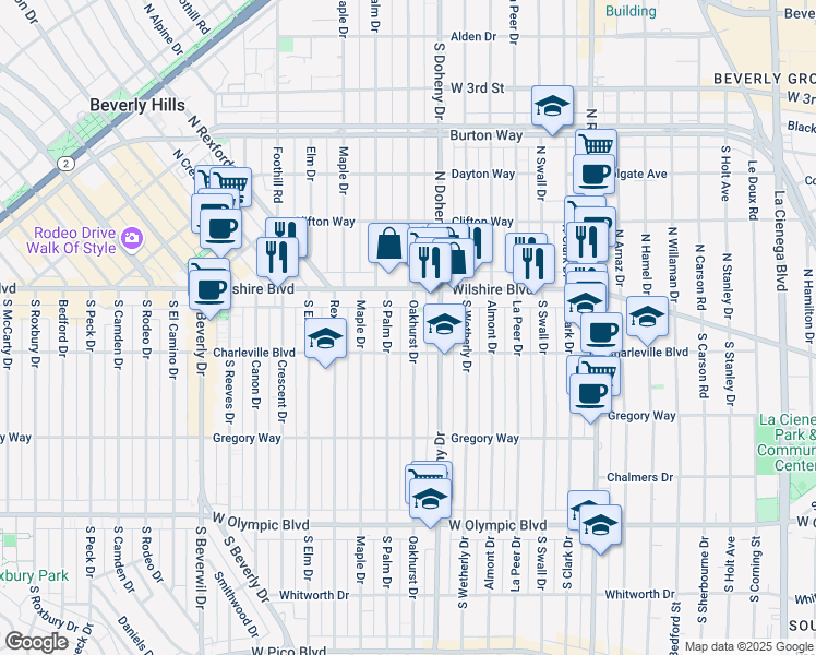 map of restaurants, bars, coffee shops, grocery stores, and more near 64 South Oakhurst Drive in Beverly Hills
