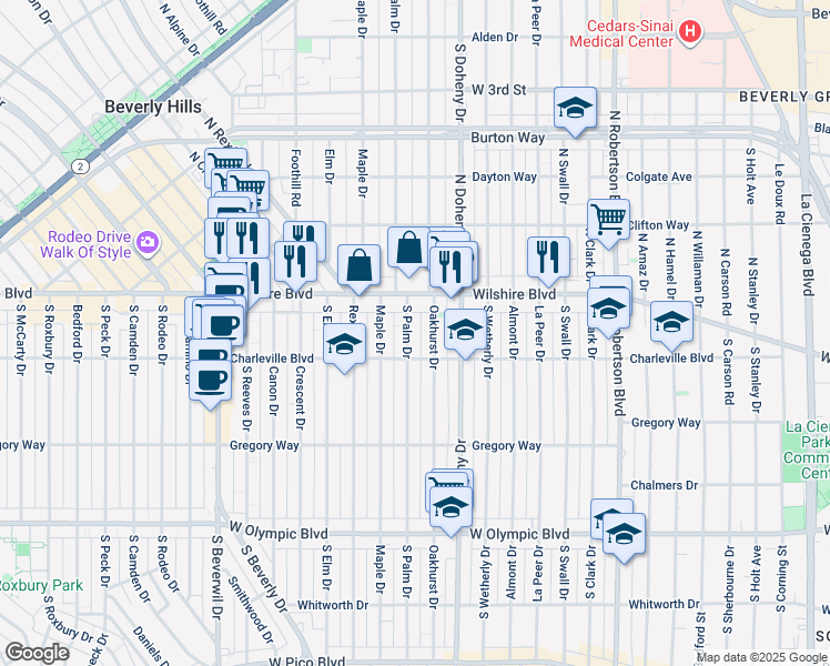 map of restaurants, bars, coffee shops, grocery stores, and more near 121 South Palm Drive in Beverly Hills
