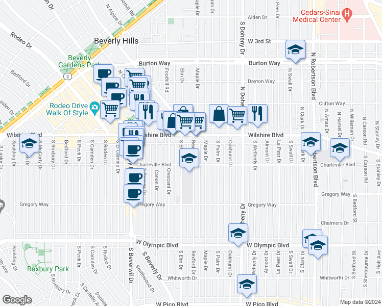 map of restaurants, bars, coffee shops, grocery stores, and more near 112 South Rexford Drive in Beverly Hills