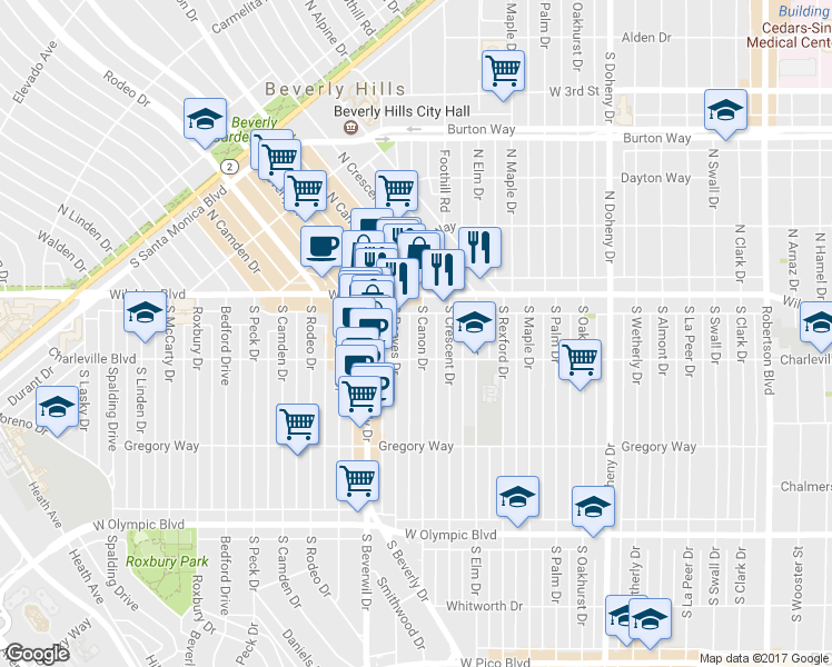 map of restaurants, bars, coffee shops, grocery stores, and more near in Beverly Hills