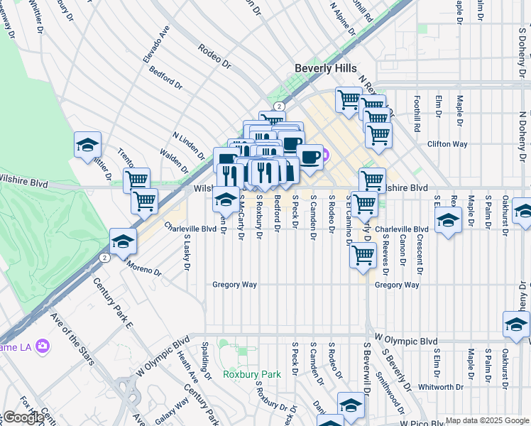 map of restaurants, bars, coffee shops, grocery stores, and more near 96 South Roxbury Drive in Beverly Hills