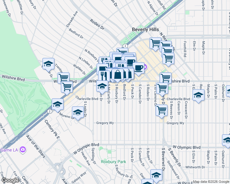 map of restaurants, bars, coffee shops, grocery stores, and more near in Beverly Hills