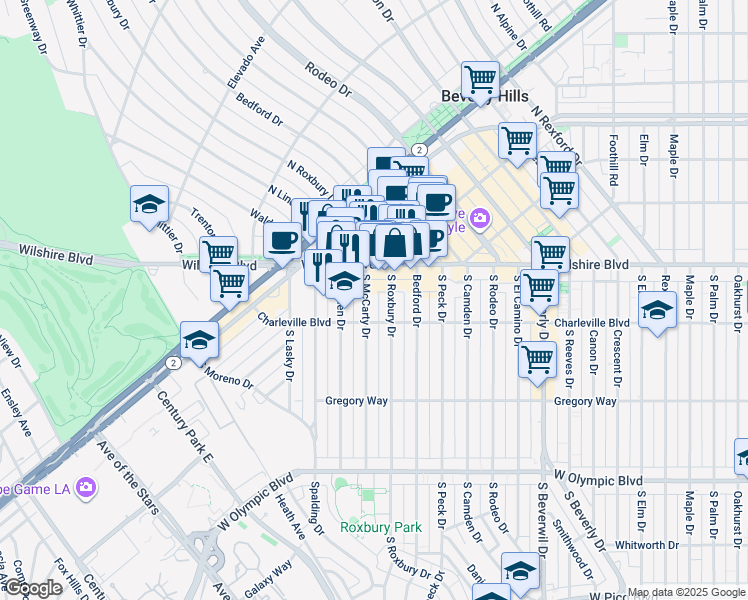 map of restaurants, bars, coffee shops, grocery stores, and more near 9720 Wilshire Boulevard in Beverly Hills