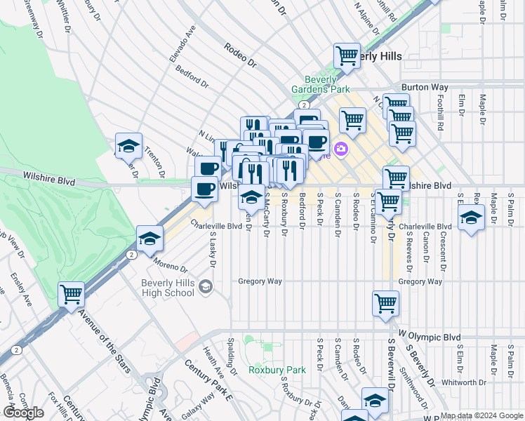 map of restaurants, bars, coffee shops, grocery stores, and more near 9720 Wilshire Boulevard in Beverly Hills