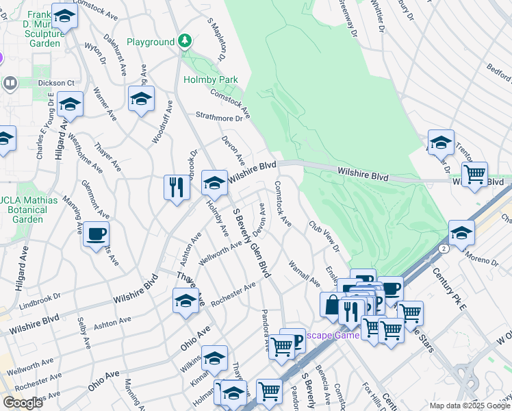 map of restaurants, bars, coffee shops, grocery stores, and more near 10330 Ashton Avenue in Los Angeles