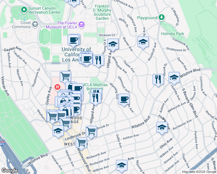 map of restaurants, bars, coffee shops, grocery stores, and more near 781 Malcolm Avenue in Los Angeles