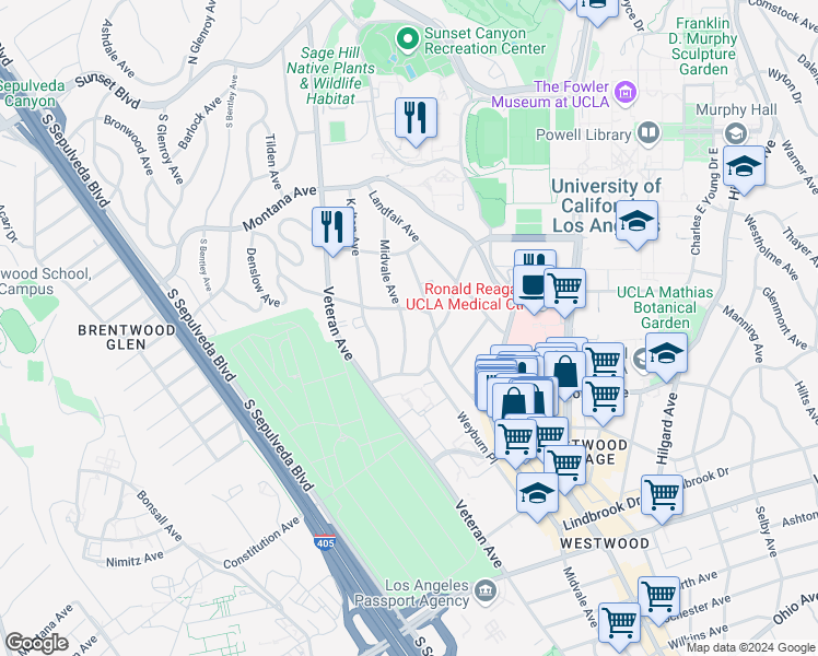 map of restaurants, bars, coffee shops, grocery stores, and more near 632 Levering Avenue in Los Angeles