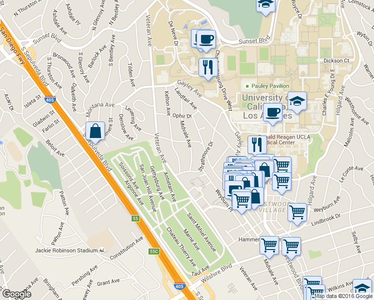 map of restaurants, bars, coffee shops, grocery stores, and more near 632 Levering Avenue in Los Angeles