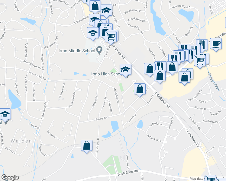 map of restaurants, bars, coffee shops, grocery stores, and more near 5939 Corley Street in Columbia