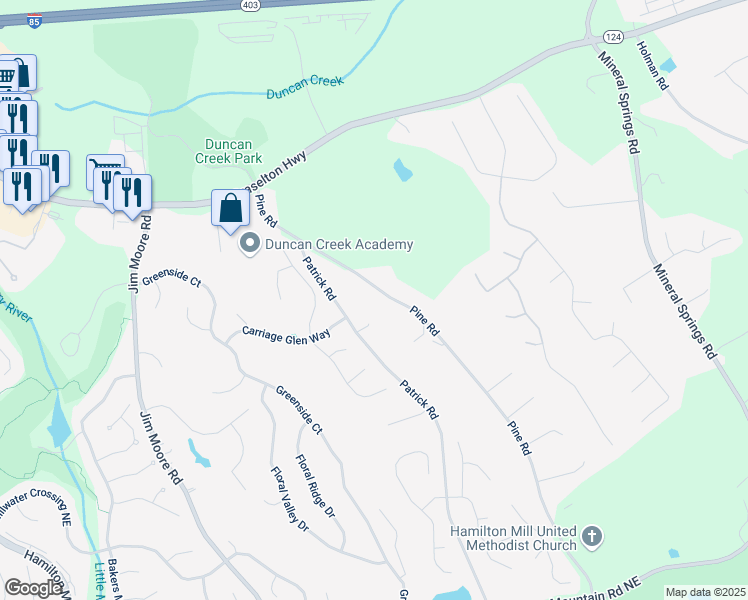 map of restaurants, bars, coffee shops, grocery stores, and more near 1945 Pine Road in Dacula