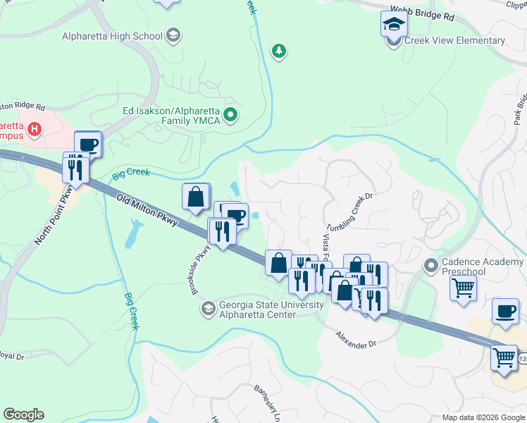 map of restaurants, bars, coffee shops, grocery stores, and more near 3992 Camden Way in Alpharetta
