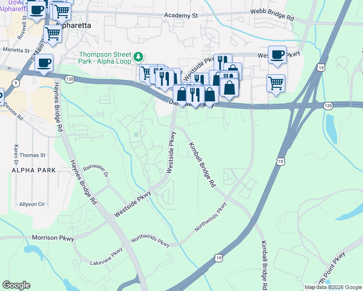 map of restaurants, bars, coffee shops, grocery stores, and more near 143 Kimball Bridge Cove in Alpharetta