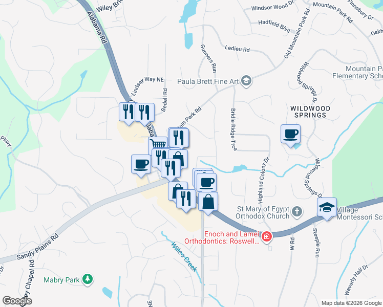 map of restaurants, bars, coffee shops, grocery stores, and more near 4764 Surrey Road in Roswell