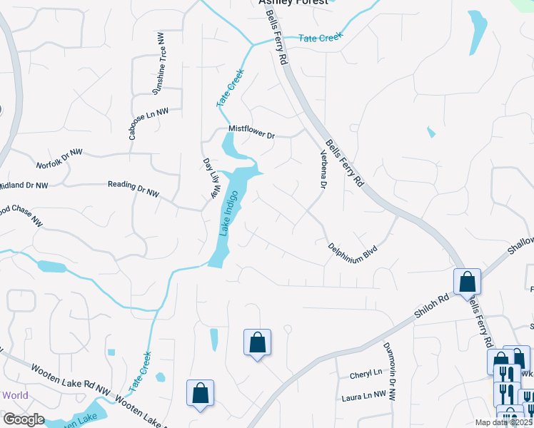 map of restaurants, bars, coffee shops, grocery stores, and more near 1124 Monarda Way Northwest in Acworth