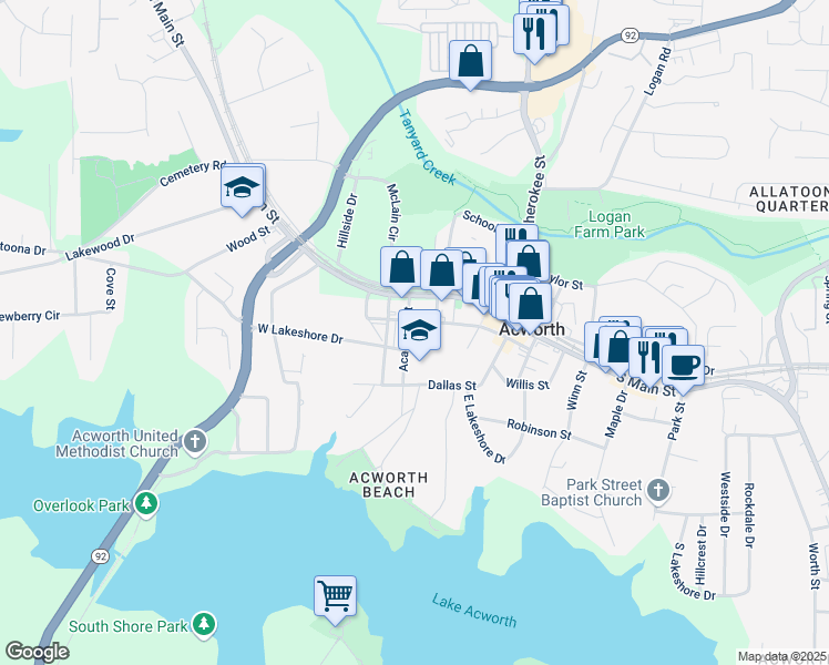 map of restaurants, bars, coffee shops, grocery stores, and more near 4570 Academy Street in Acworth