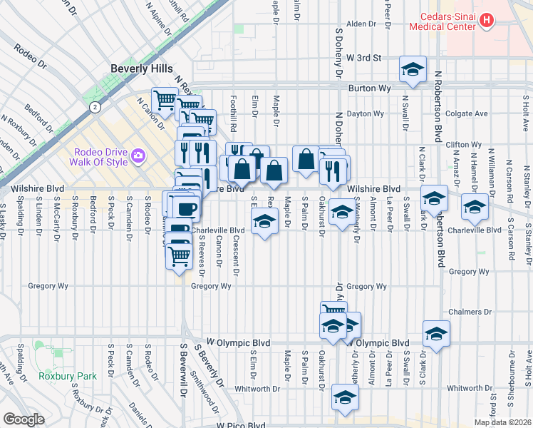 map of restaurants, bars, coffee shops, grocery stores, and more near 139 Rexford Drive in Beverly Hills