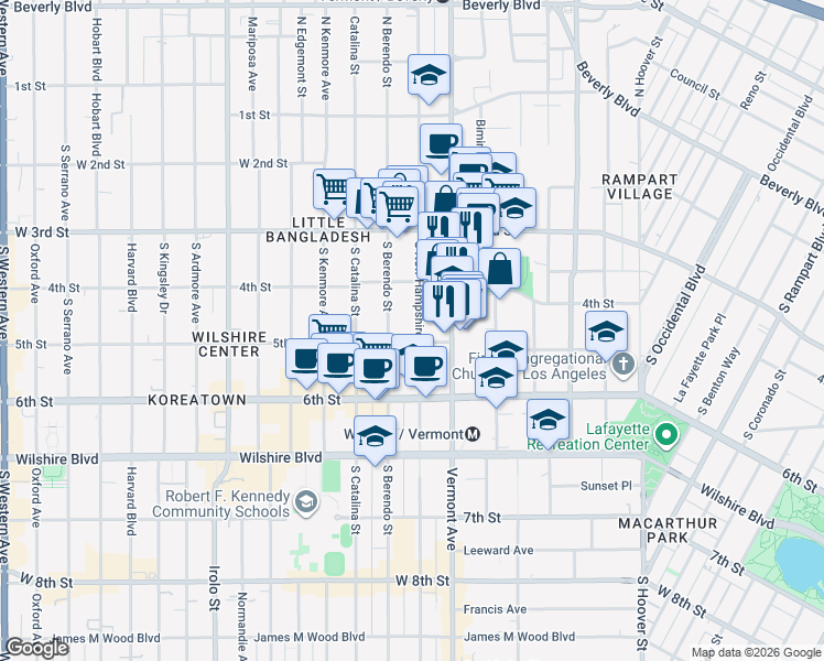 map of restaurants, bars, coffee shops, grocery stores, and more near 459 South New Hampshire Avenue in Los Angeles
