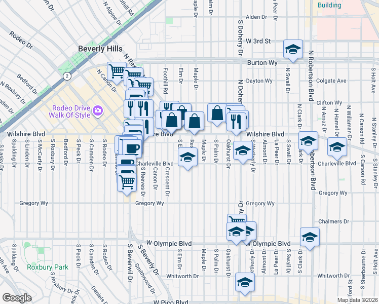 map of restaurants, bars, coffee shops, grocery stores, and more near in Beverly Hills