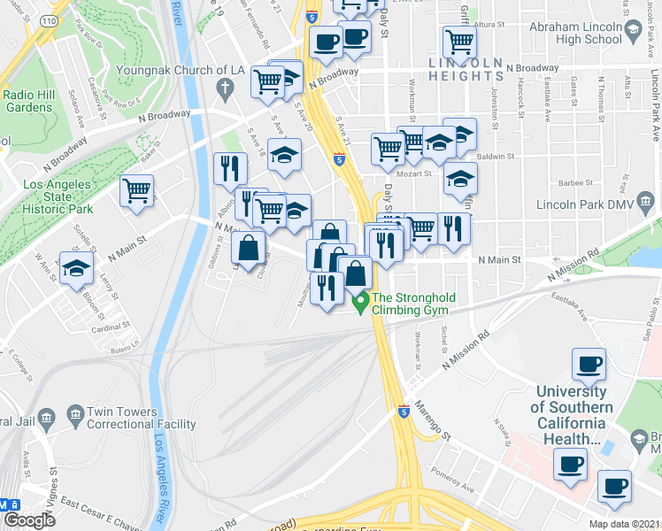 map of restaurants, bars, coffee shops, grocery stores, and more near 1984 North Main Street in Los Angeles