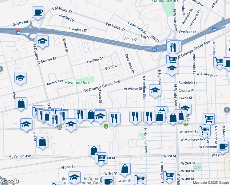 map of restaurants, bars, coffee shops, grocery stores, and more near 1010 West Wilson Street in Pomona