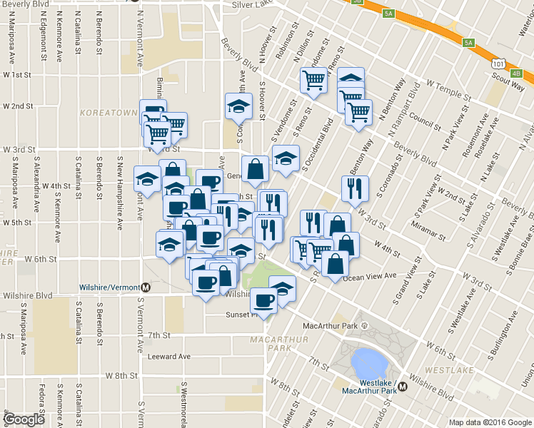 map of restaurants, bars, coffee shops, grocery stores, and more near 428 S Hoover St in Los Angeles