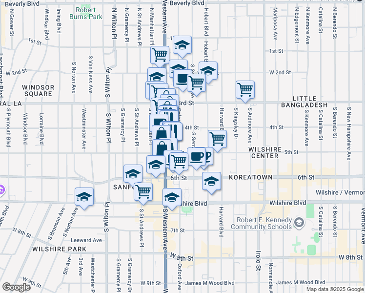 map of restaurants, bars, coffee shops, grocery stores, and more near 450 South Oxford Avenue in Los Angeles