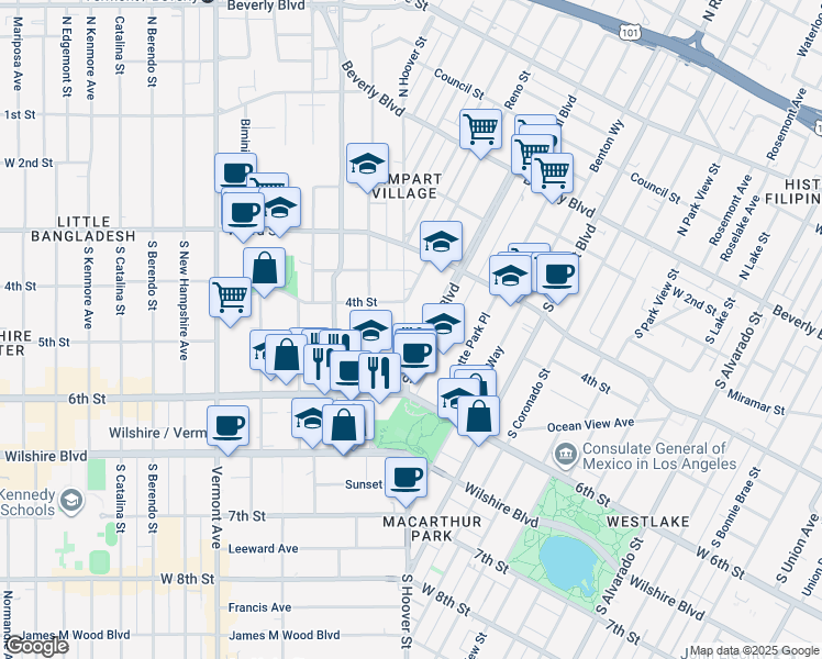 map of restaurants, bars, coffee shops, grocery stores, and more near 428 South Hoover Street in Los Angeles