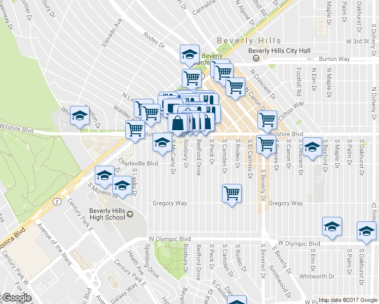 map of restaurants, bars, coffee shops, grocery stores, and more near in Beverly Hills
