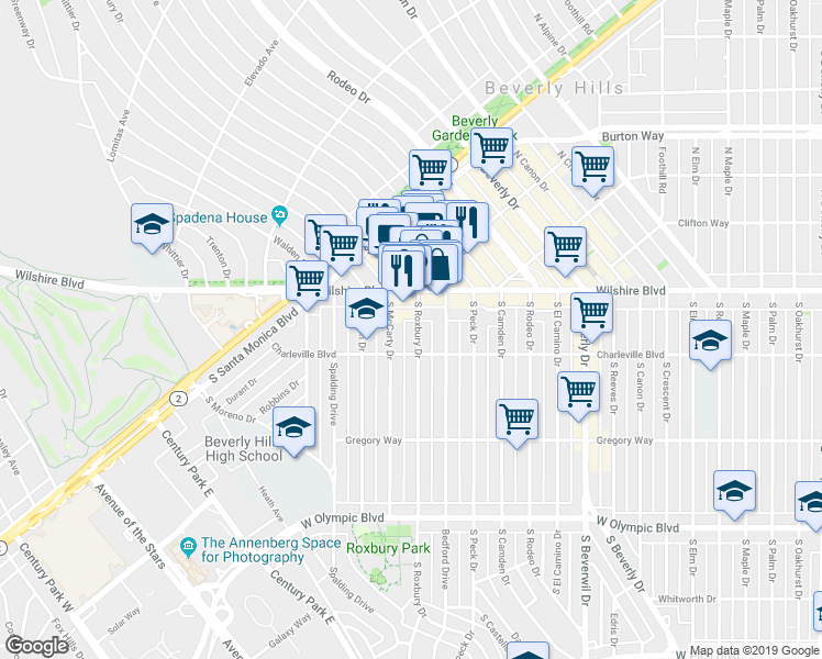 map of restaurants, bars, coffee shops, grocery stores, and more near in Beverly Hills