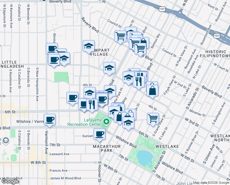 map of restaurants, bars, coffee shops, grocery stores, and more near 336 South Occidental Boulevard in Los Angeles