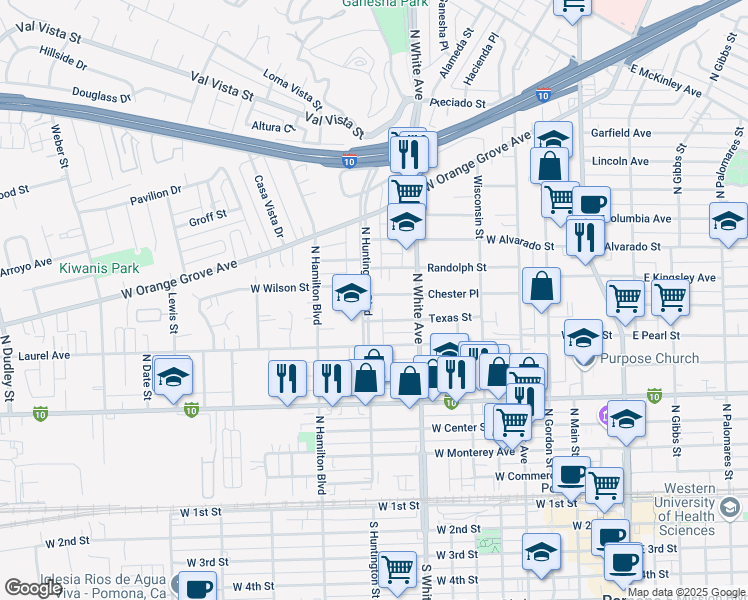 map of restaurants, bars, coffee shops, grocery stores, and more near 860 North Huntington Boulevard in Pomona
