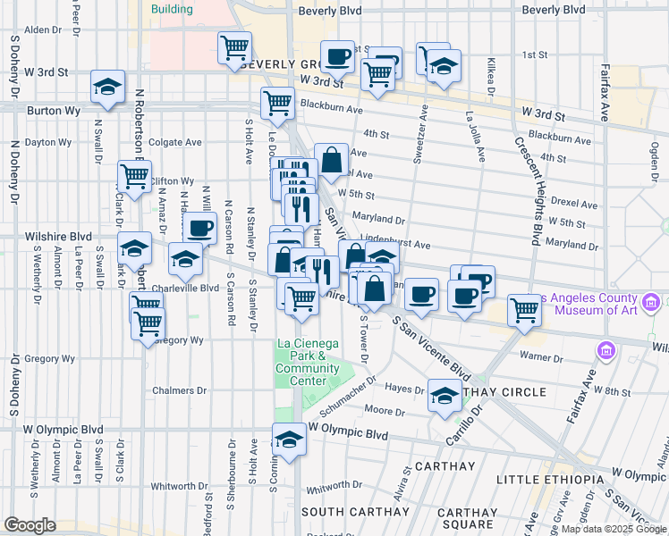 map of restaurants, bars, coffee shops, grocery stores, and more near 117 North Gale Drive in Beverly Hills