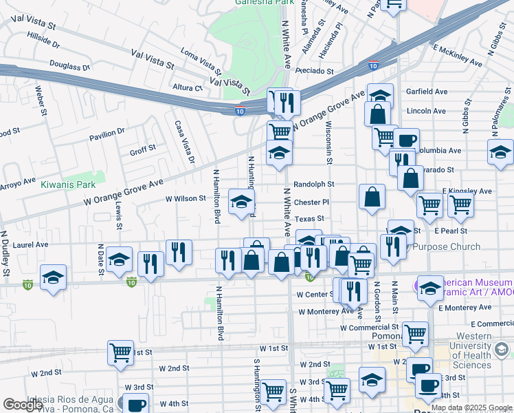 map of restaurants, bars, coffee shops, grocery stores, and more near 860 North Huntington Boulevard in Pomona