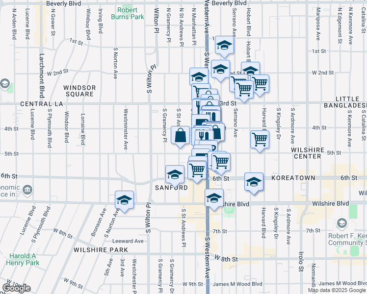map of restaurants, bars, coffee shops, grocery stores, and more near 446 South Saint Andrews Place in Los Angeles